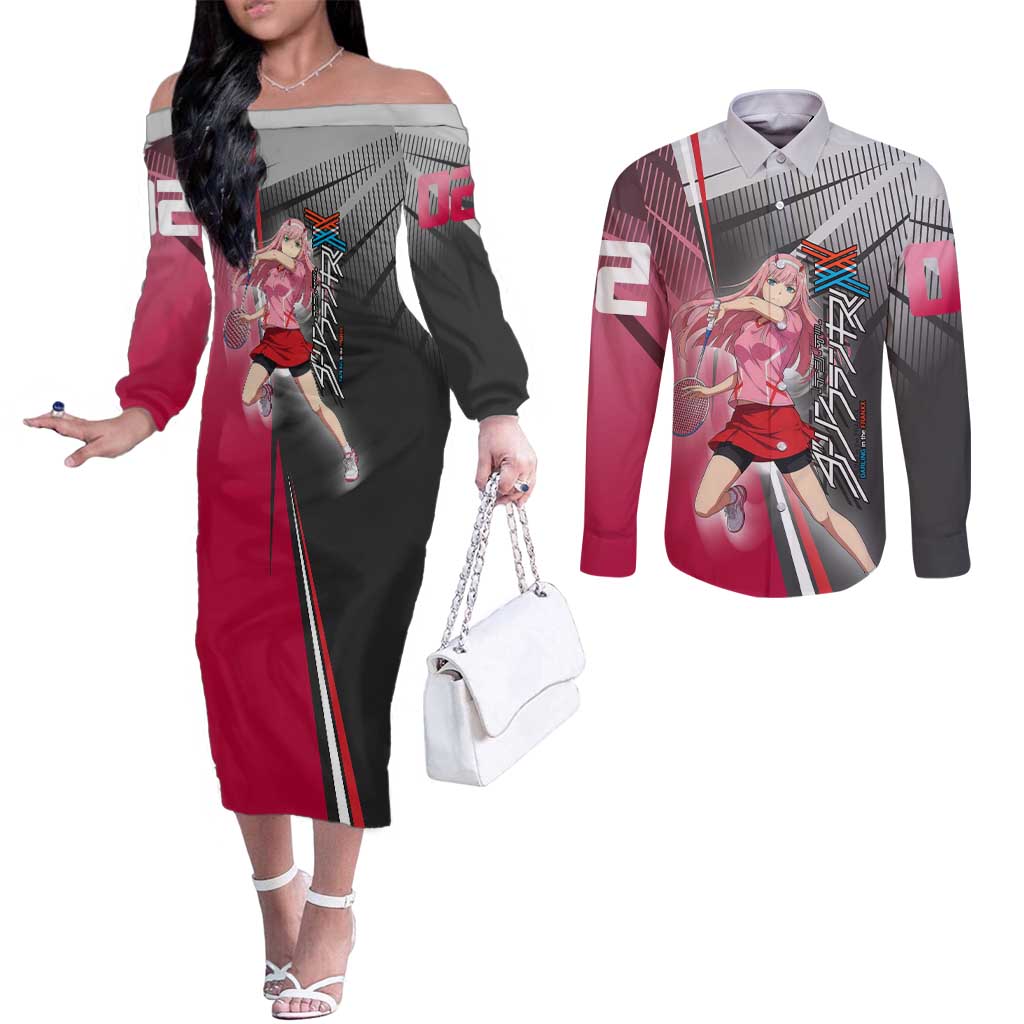 Zero Two Couples Matching Off The Shoulder Long Sleeve Dress and Long Sleeve Button Shirt Sci-Fi Anime Sports Crossover Style