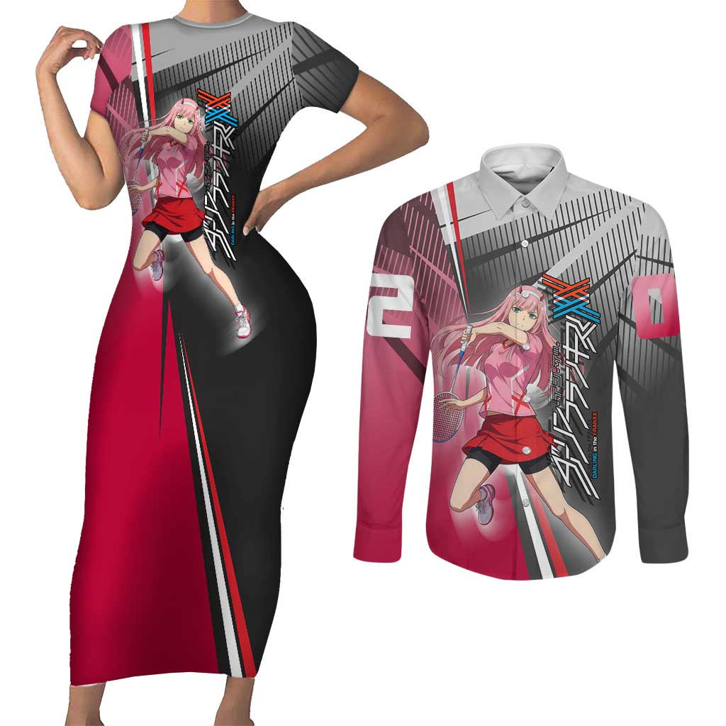 Zero Two Couples Matching Short Sleeve Bodycon Dress and Long Sleeve Button Shirt Sci-Fi Anime Sports Crossover Style