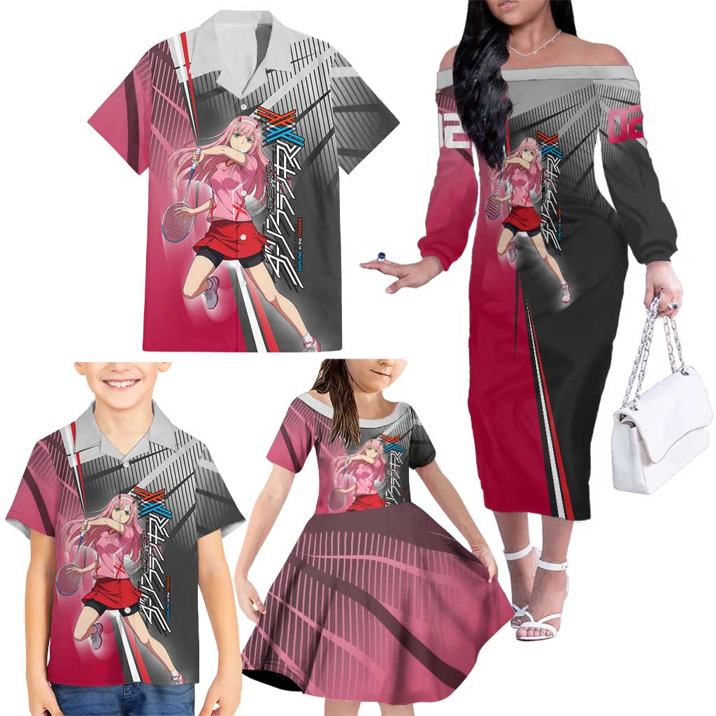 Zero Two Family Matching Off The Shoulder Long Sleeve Dress and Hawaiian Shirt Sci-Fi Anime Sports Crossover Style