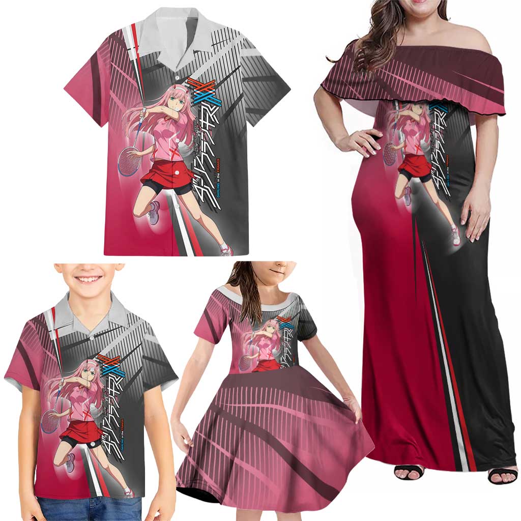 Zero Two Family Matching Off Shoulder Maxi Dress and Hawaiian Shirt Sci-Fi Anime Sports Crossover Style