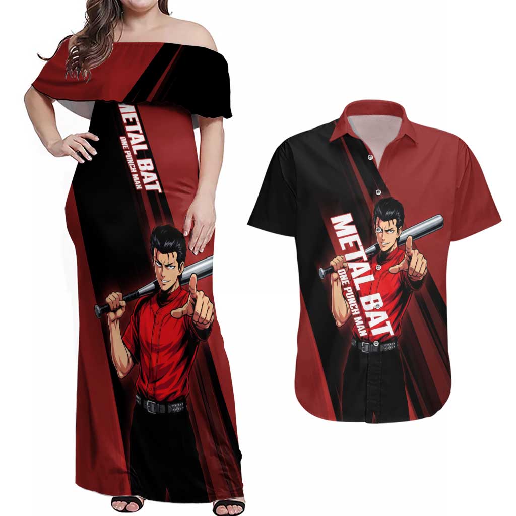 Personalized Metal Bat Couples Matching Off Shoulder Maxi Dress and Hawaiian Shirt One Punch Man Baseball Crossover Design