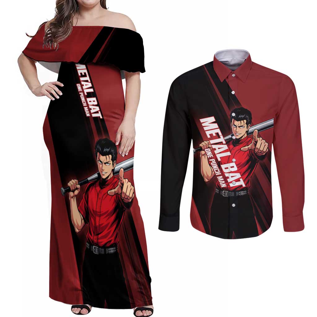 Personalized Metal Bat Couples Matching Off Shoulder Maxi Dress and Long Sleeve Button Shirt One Punch Man Baseball Crossover Design