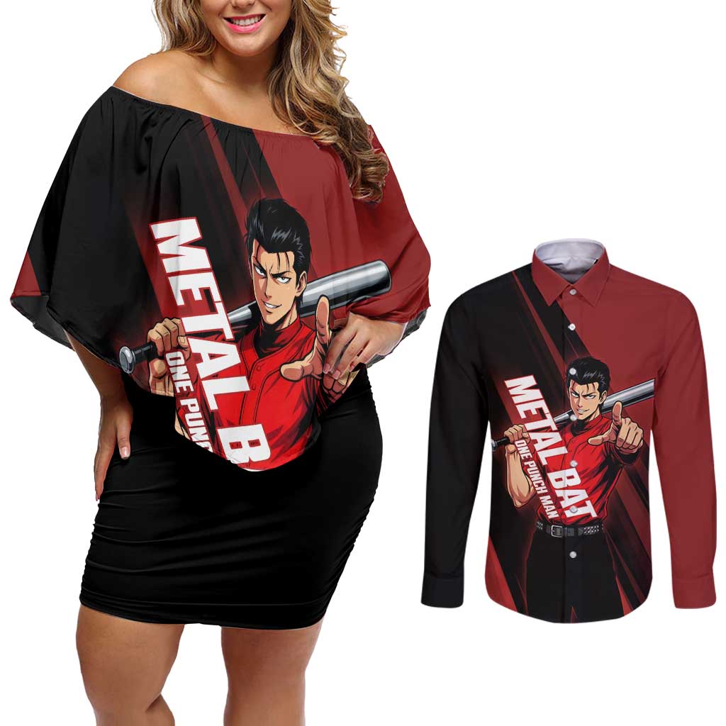 Personalized Metal Bat Couples Matching Off Shoulder Short Dress and Long Sleeve Button Shirt One Punch Man Baseball Crossover Design