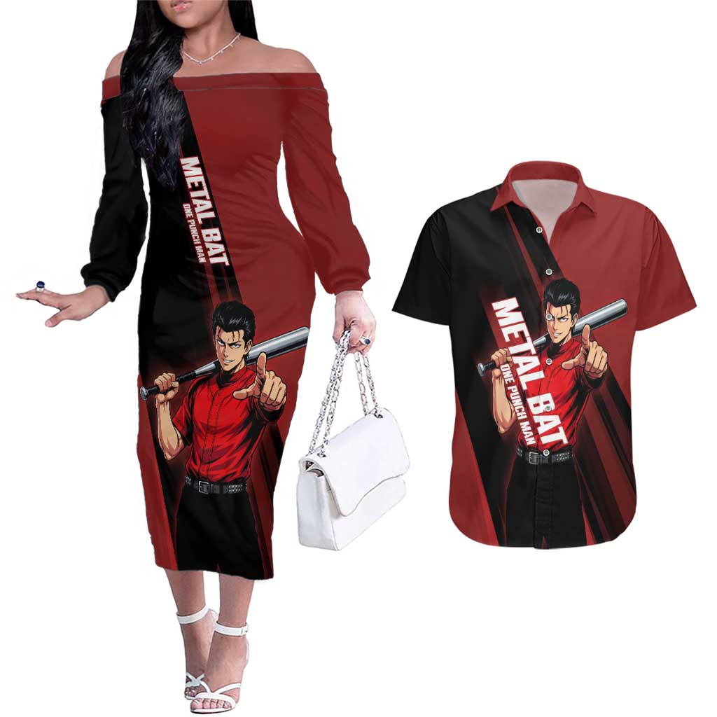 Personalized Metal Bat Couples Matching Off The Shoulder Long Sleeve Dress and Hawaiian Shirt One Punch Man Baseball Crossover Design