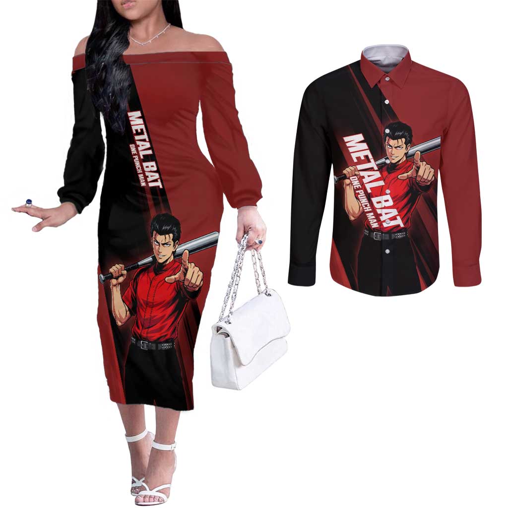 Personalized Metal Bat Couples Matching Off The Shoulder Long Sleeve Dress and Long Sleeve Button Shirt One Punch Man Baseball Crossover Design