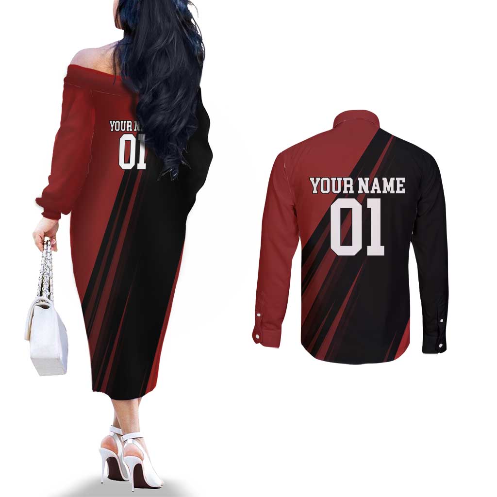 Personalized Metal Bat Couples Matching Off The Shoulder Long Sleeve Dress and Long Sleeve Button Shirt One Punch Man Baseball Crossover Design