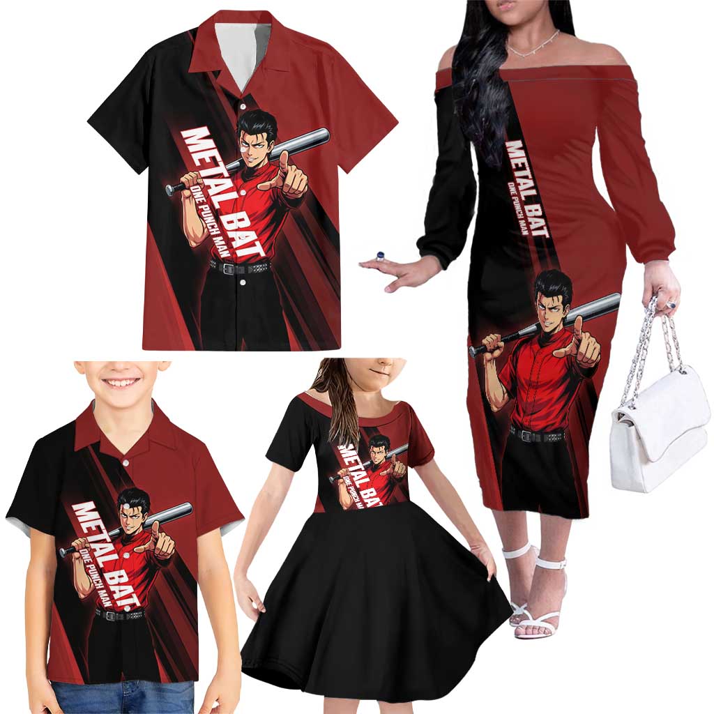Personalized Metal Bat Family Matching Off The Shoulder Long Sleeve Dress and Hawaiian Shirt One Punch Man Baseball Crossover Design