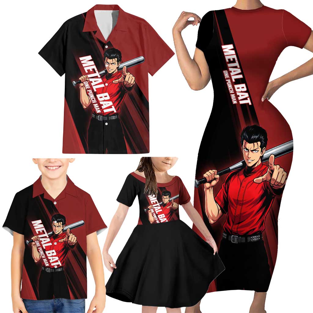 Personalized Metal Bat Family Matching Short Sleeve Bodycon Dress and Hawaiian Shirt One Punch Man Baseball Crossover Design