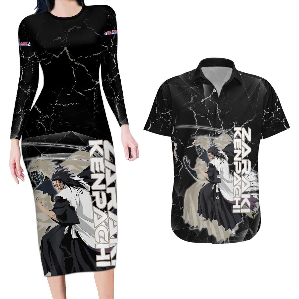 Zaraki Kenpachi Bleach Couples Matching Long Sleeve Bodycon Dress and Hawaiian Shirt Dark Marble Anime Shatter Style