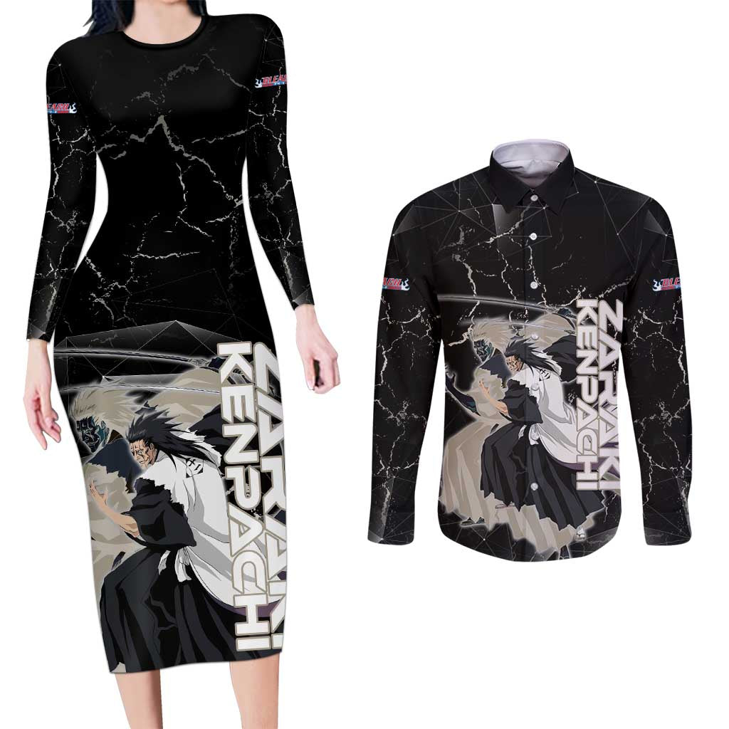 Zaraki Kenpachi Bleach Couples Matching Long Sleeve Bodycon Dress and Long Sleeve Button Shirt Dark Marble Anime Shatter Style