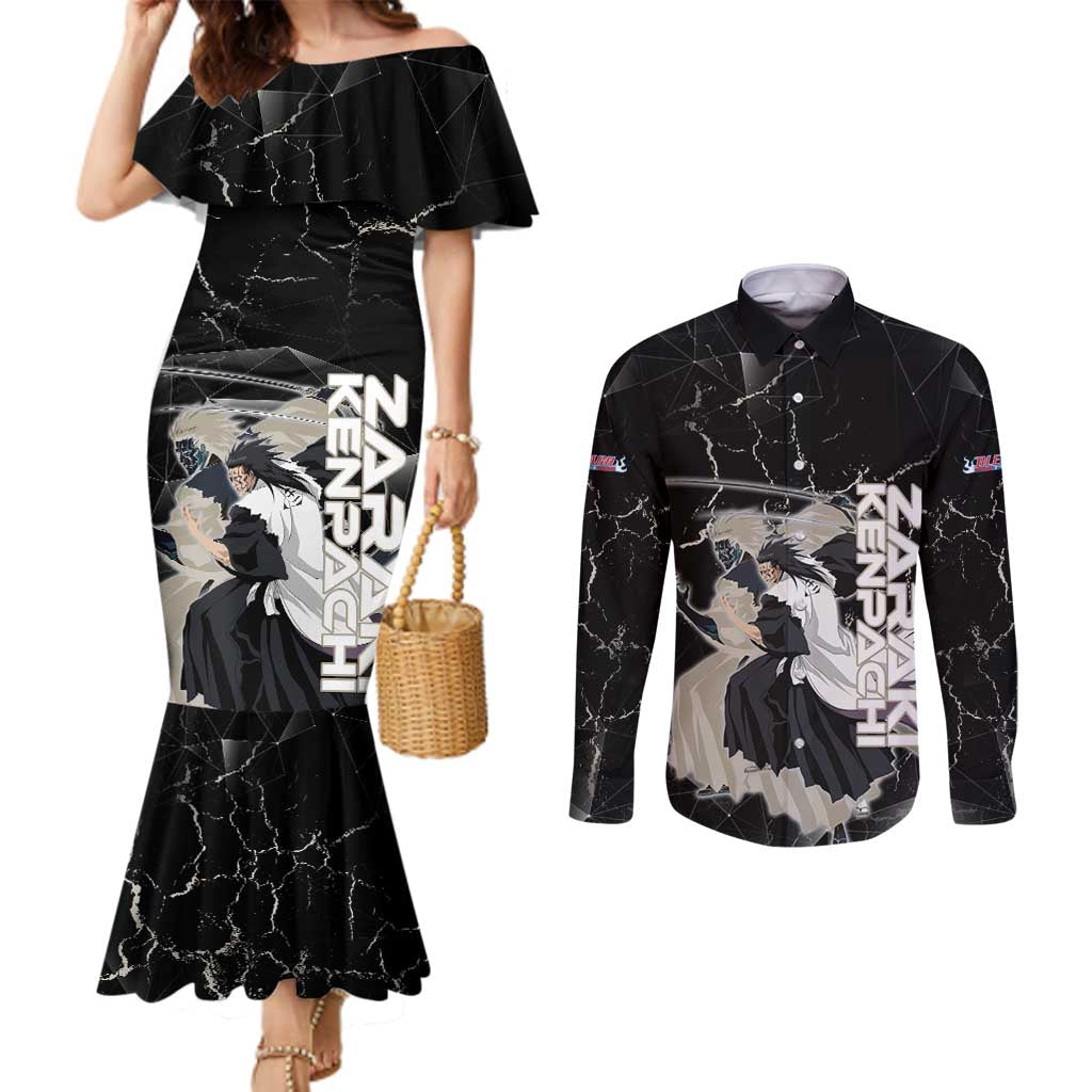 Zaraki Kenpachi Bleach Couples Matching Mermaid Dress and Long Sleeve Button Shirt Dark Marble Anime Shatter Style