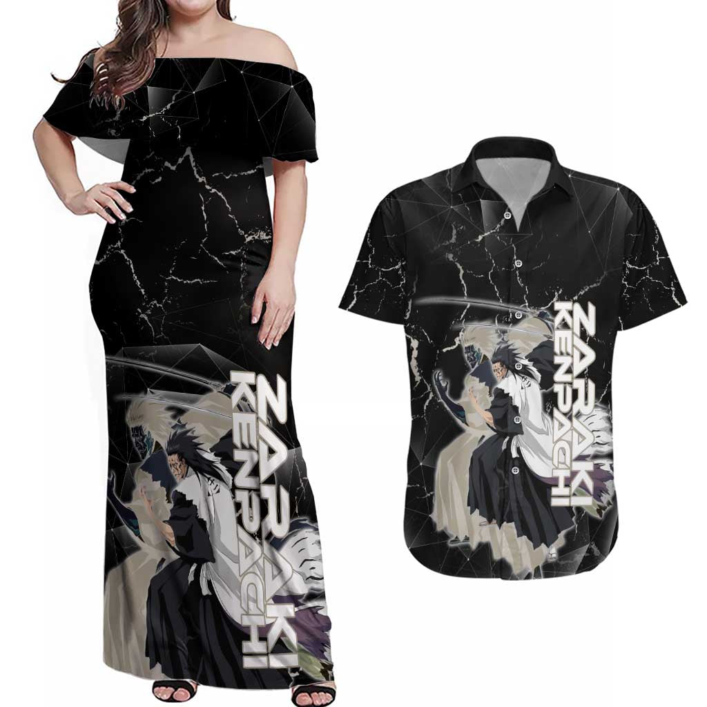 Zaraki Kenpachi Bleach Couples Matching Off Shoulder Maxi Dress and Hawaiian Shirt Dark Marble Anime Shatter Style