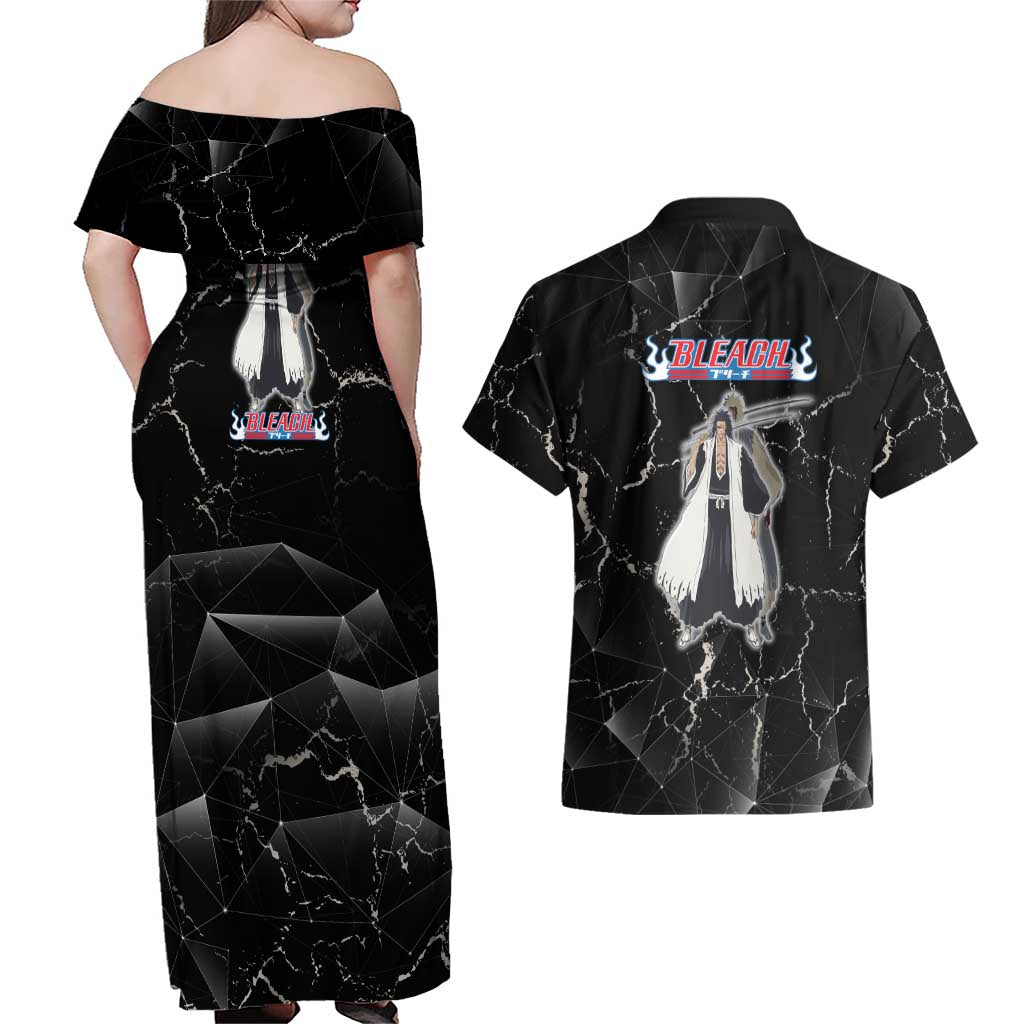 Zaraki Kenpachi Bleach Couples Matching Off Shoulder Maxi Dress and Hawaiian Shirt Dark Marble Anime Shatter Style
