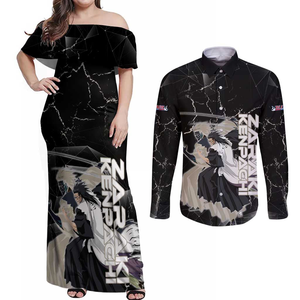 Zaraki Kenpachi Bleach Couples Matching Off Shoulder Maxi Dress and Long Sleeve Button Shirt Dark Marble Anime Shatter Style
