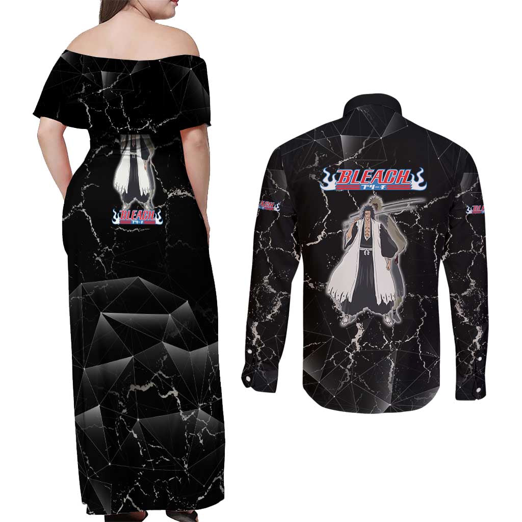 Zaraki Kenpachi Bleach Couples Matching Off Shoulder Maxi Dress and Long Sleeve Button Shirt Dark Marble Anime Shatter Style