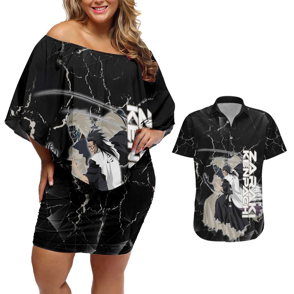 Zaraki Kenpachi Bleach Couples Matching Off Shoulder Short Dress and Hawaiian Shirt Dark Marble Anime Shatter Style