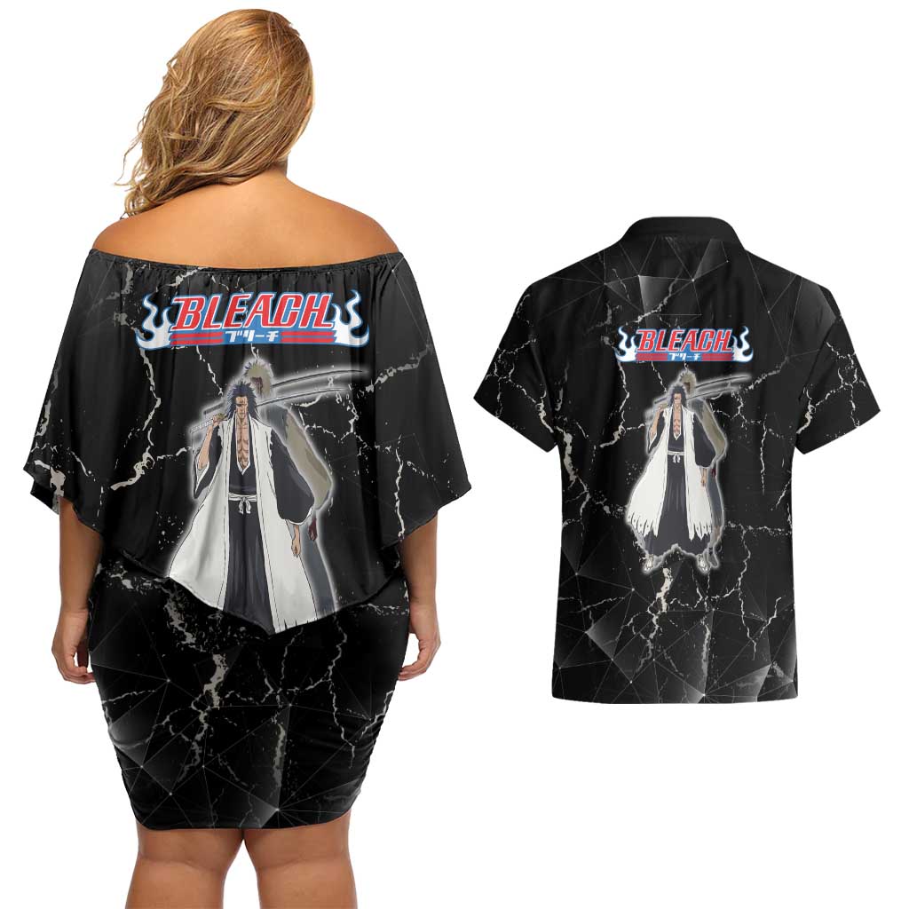 Zaraki Kenpachi Bleach Couples Matching Off Shoulder Short Dress and Hawaiian Shirt Dark Marble Anime Shatter Style