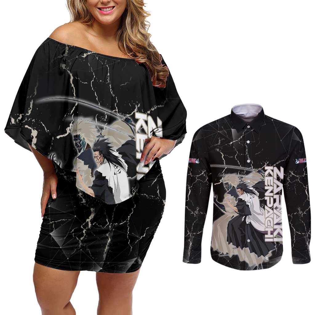 Zaraki Kenpachi Bleach Couples Matching Off Shoulder Short Dress and Long Sleeve Button Shirt Dark Marble Anime Shatter Style