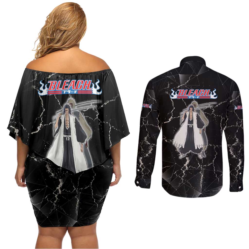 Zaraki Kenpachi Bleach Couples Matching Off Shoulder Short Dress and Long Sleeve Button Shirt Dark Marble Anime Shatter Style