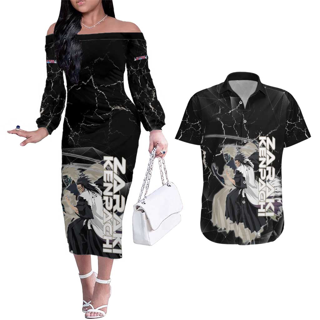 Zaraki Kenpachi Bleach Couples Matching Off The Shoulder Long Sleeve Dress and Hawaiian Shirt Dark Marble Anime Shatter Style