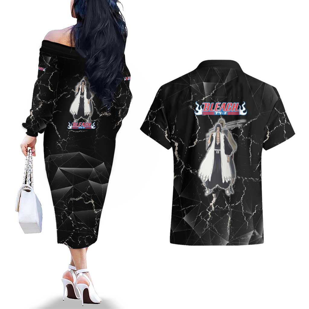 Zaraki Kenpachi Bleach Couples Matching Off The Shoulder Long Sleeve Dress and Hawaiian Shirt Dark Marble Anime Shatter Style