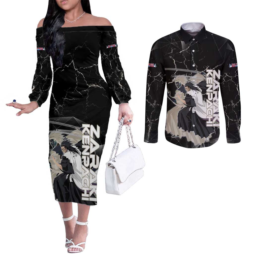 Zaraki Kenpachi Bleach Couples Matching Off The Shoulder Long Sleeve Dress and Long Sleeve Button Shirt Dark Marble Anime Shatter Style