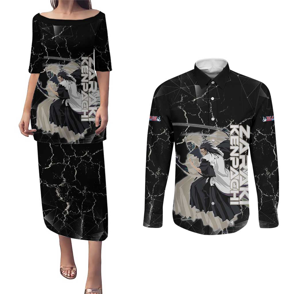 Zaraki Kenpachi Bleach Couples Matching Puletasi and Long Sleeve Button Shirt Dark Marble Anime Shatter Style
