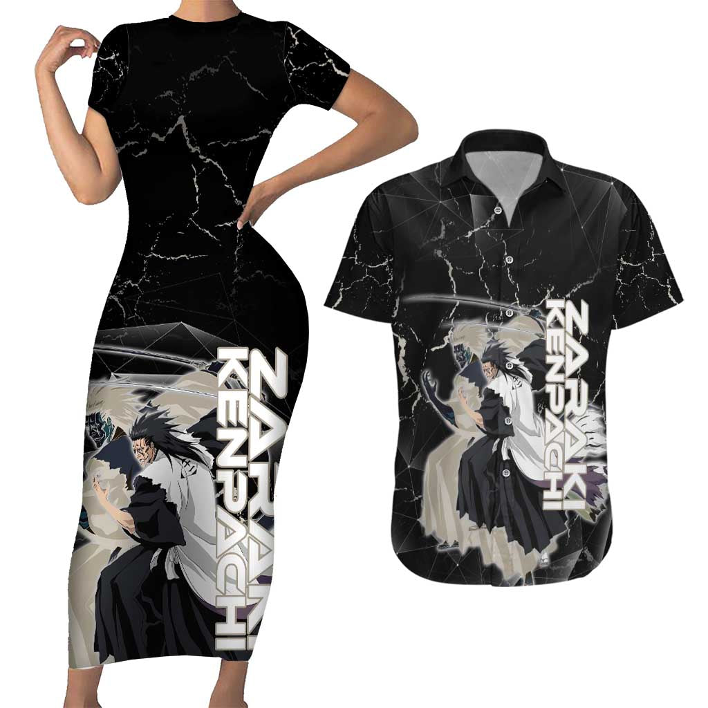 Zaraki Kenpachi Bleach Couples Matching Short Sleeve Bodycon Dress and Hawaiian Shirt Dark Marble Anime Shatter Style