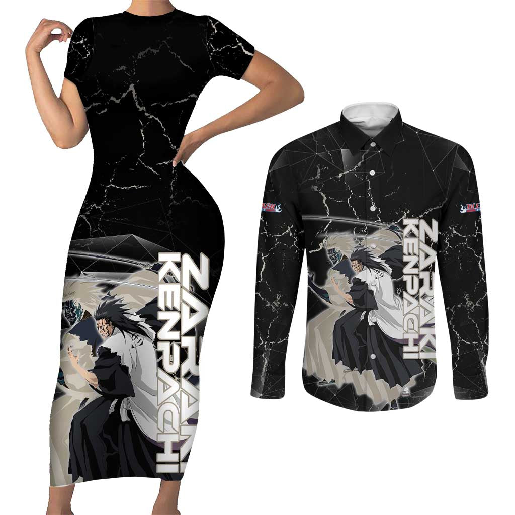 Zaraki Kenpachi Bleach Couples Matching Short Sleeve Bodycon Dress and Long Sleeve Button Shirt Dark Marble Anime Shatter Style