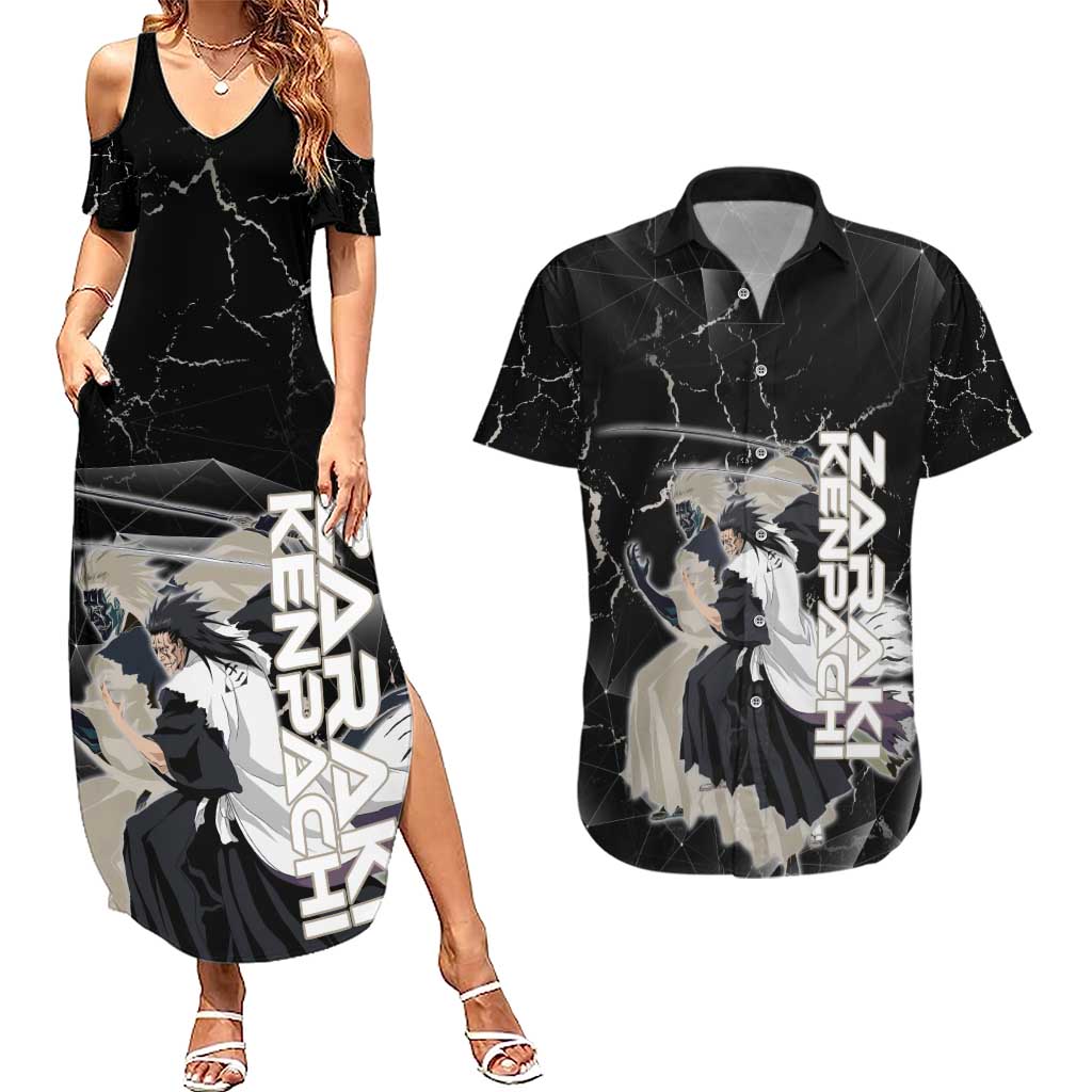 Zaraki Kenpachi Bleach Couples Matching Summer Maxi Dress and Hawaiian Shirt Dark Marble Anime Shatter Style
