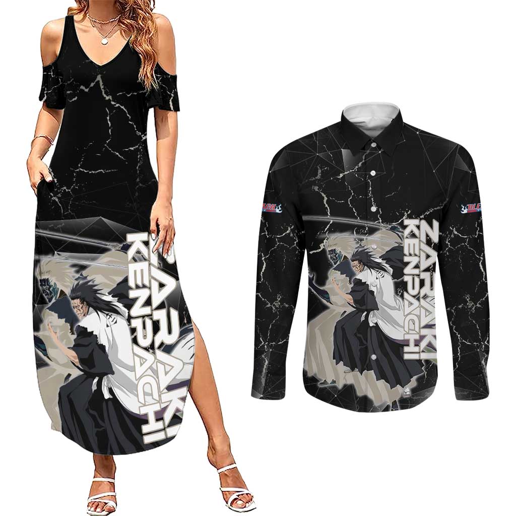 Zaraki Kenpachi Bleach Couples Matching Summer Maxi Dress and Long Sleeve Button Shirt Dark Marble Anime Shatter Style
