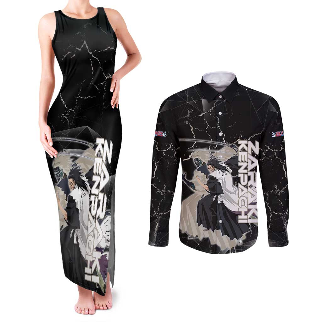 Zaraki Kenpachi Bleach Couples Matching Tank Maxi Dress and Long Sleeve Button Shirt Dark Marble Anime Shatter Style