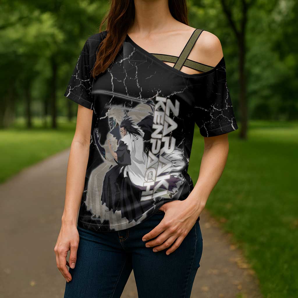 Zaraki Kenpachi Bleach Cross Shoulder Shirt Dark Marble Anime Shatter Style