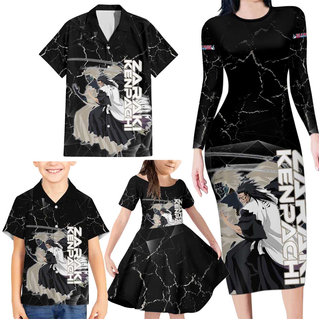 Zaraki Kenpachi Bleach Family Matching Long Sleeve Bodycon Dress and Hawaiian Shirt Dark Marble Anime Shatter Style