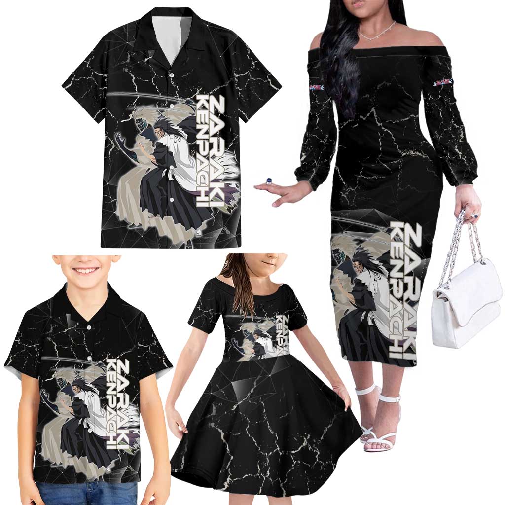 Zaraki Kenpachi Bleach Family Matching Off The Shoulder Long Sleeve Dress and Hawaiian Shirt Dark Marble Anime Shatter Style