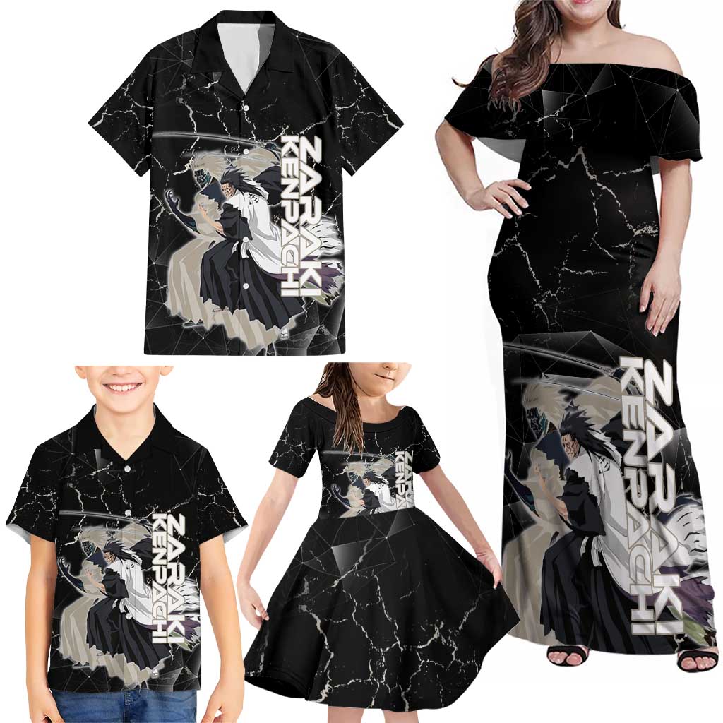Zaraki Kenpachi Bleach Family Matching Off Shoulder Maxi Dress and Hawaiian Shirt Dark Marble Anime Shatter Style