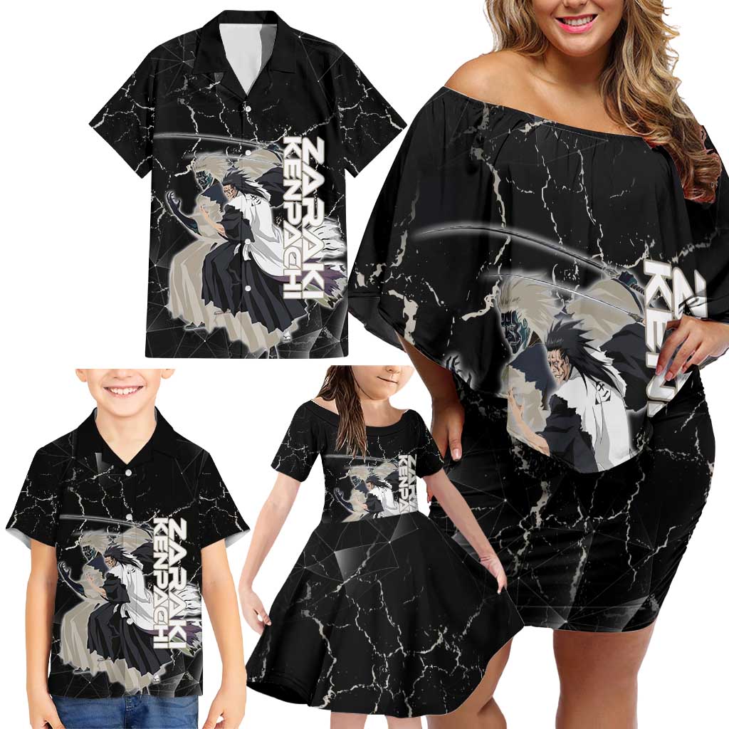 Zaraki Kenpachi Bleach Family Matching Off Shoulder Short Dress and Hawaiian Shirt Dark Marble Anime Shatter Style