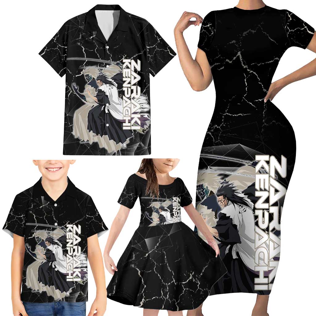 Zaraki Kenpachi Bleach Family Matching Short Sleeve Bodycon Dress and Hawaiian Shirt Dark Marble Anime Shatter Style