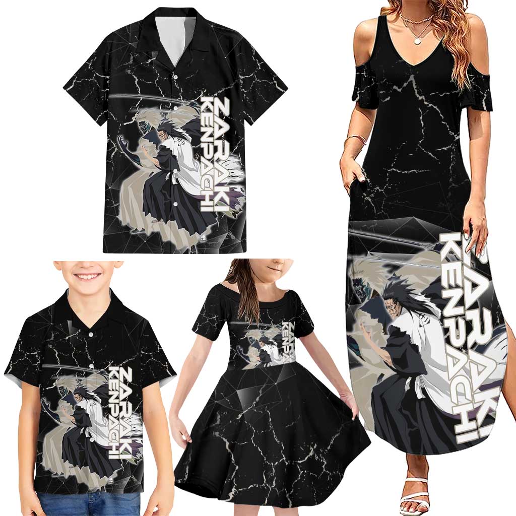 Zaraki Kenpachi Bleach Family Matching Summer Maxi Dress and Hawaiian Shirt Dark Marble Anime Shatter Style