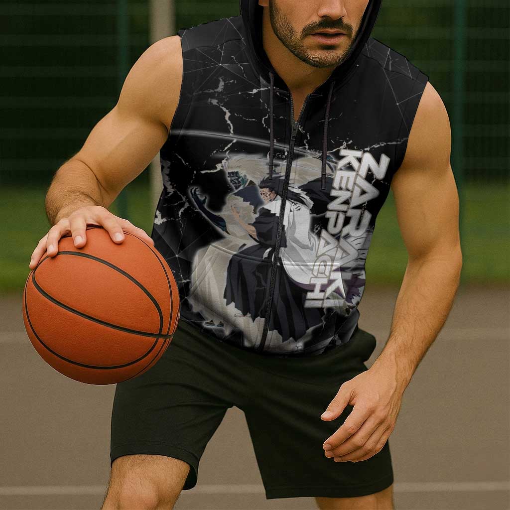 Zaraki Kenpachi Bleach Sleeveless Zip Hoodie Dark Marble Anime Shatter Style