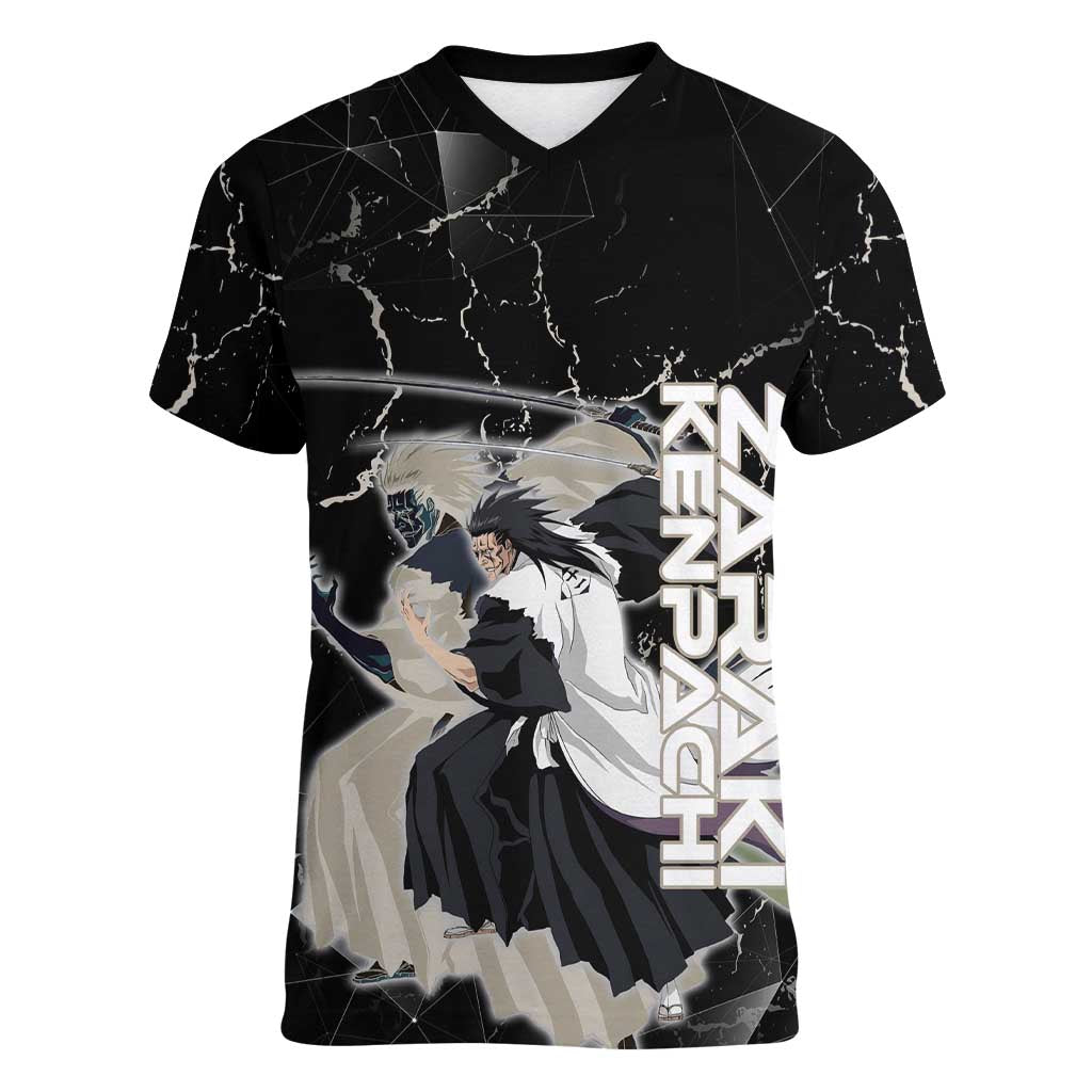 Zaraki Kenpachi Bleach Women V-Neck T-Shirt Dark Marble Anime Shatter Style