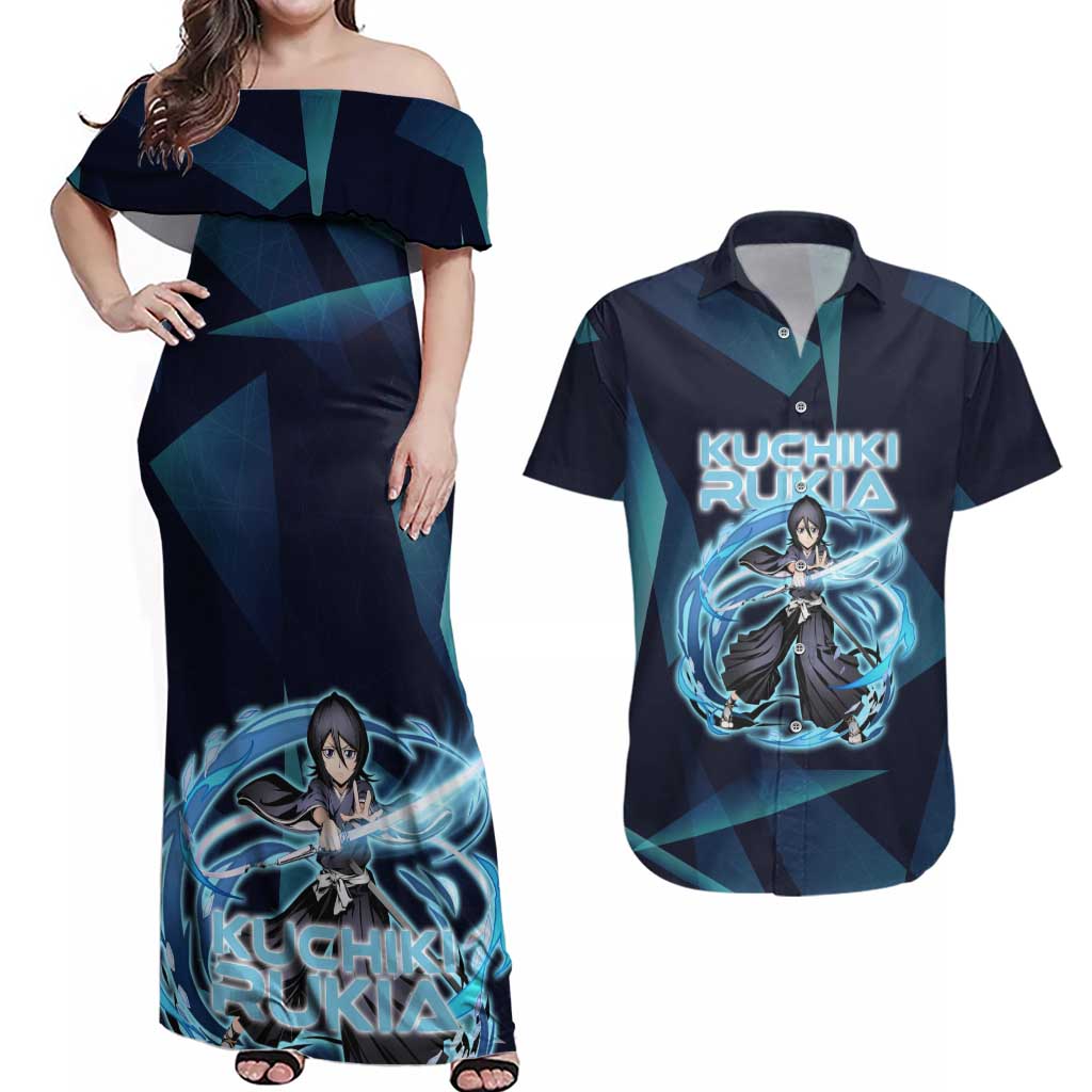 Kuchiki Rukia Bleach Couples Matching Off Shoulder Maxi Dress and Hawaiian Shirt Frost Aura Anime Energy Style
