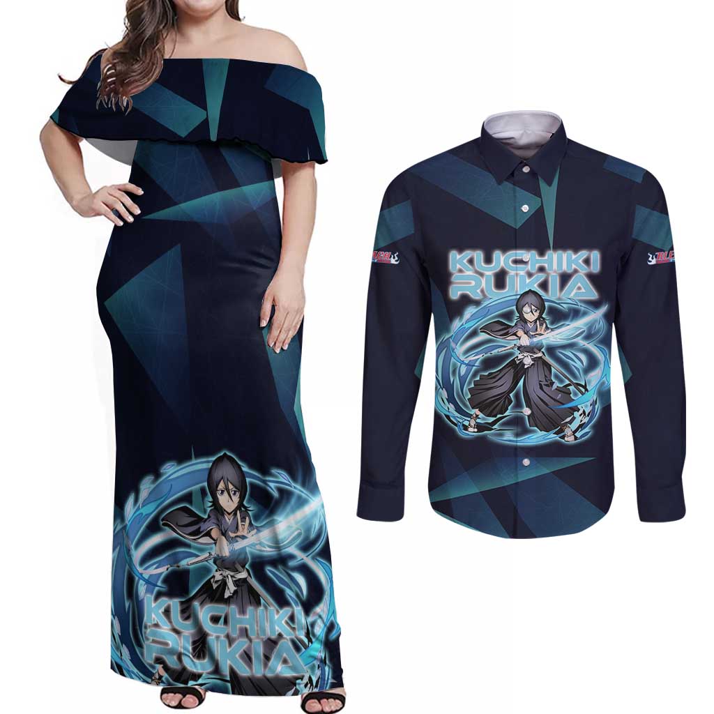Kuchiki Rukia Bleach Couples Matching Off Shoulder Maxi Dress and Long Sleeve Button Shirt Frost Aura Anime Energy Style
