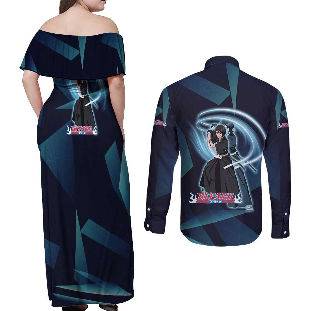 Kuchiki Rukia Bleach Couples Matching Off Shoulder Maxi Dress and Long Sleeve Button Shirt Frost Aura Anime Energy Style