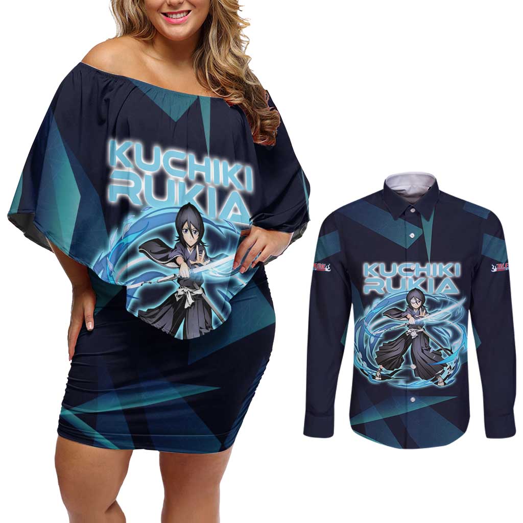 Kuchiki Rukia Bleach Couples Matching Off Shoulder Short Dress and Long Sleeve Button Shirt Frost Aura Anime Energy Style
