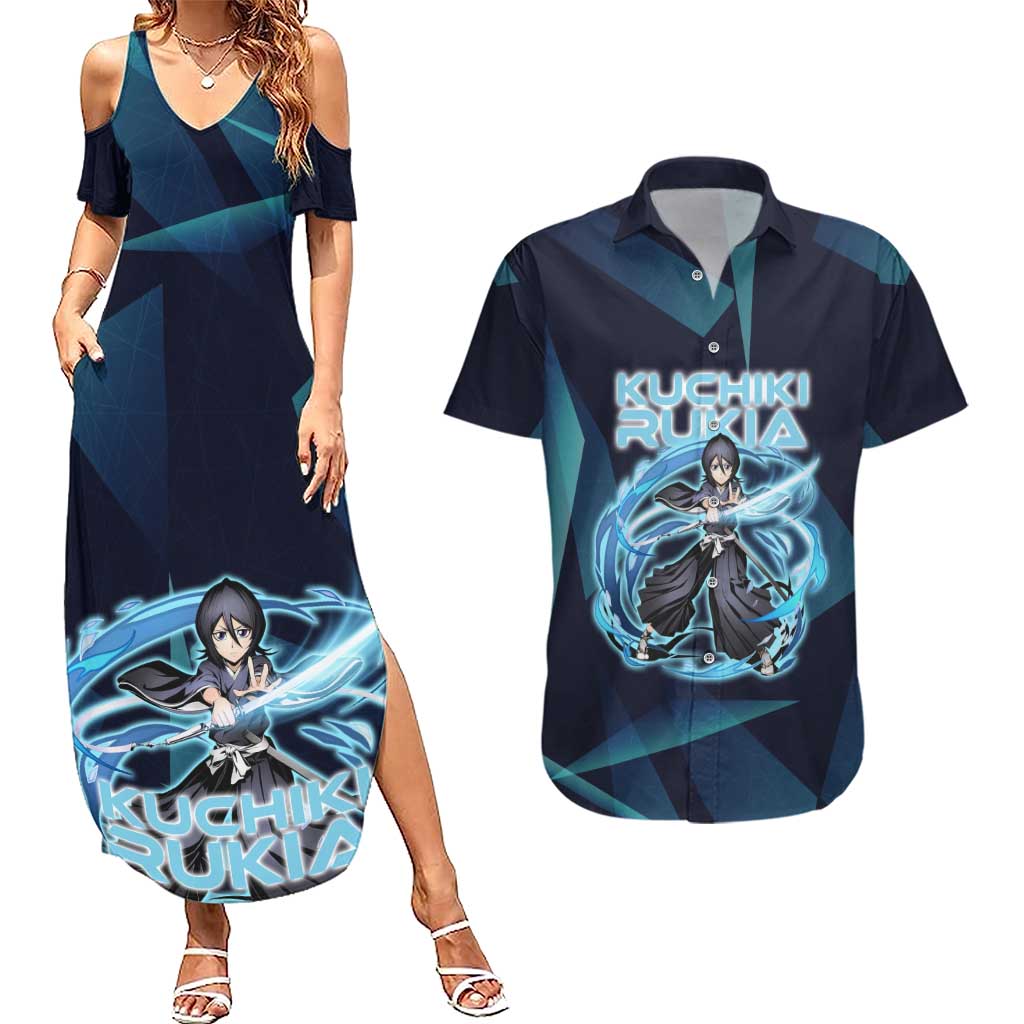 Kuchiki Rukia Bleach Couples Matching Summer Maxi Dress and Hawaiian Shirt Frost Aura Anime Energy Style
