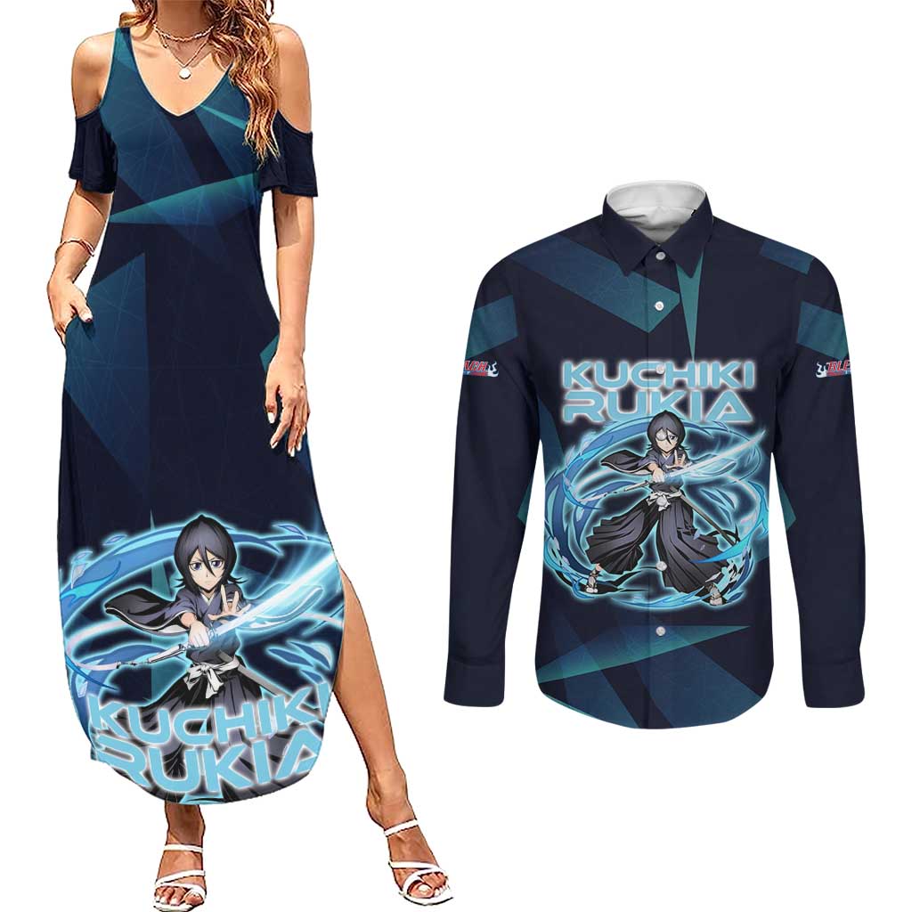 Kuchiki Rukia Bleach Couples Matching Summer Maxi Dress and Long Sleeve Button Shirt Frost Aura Anime Energy Style