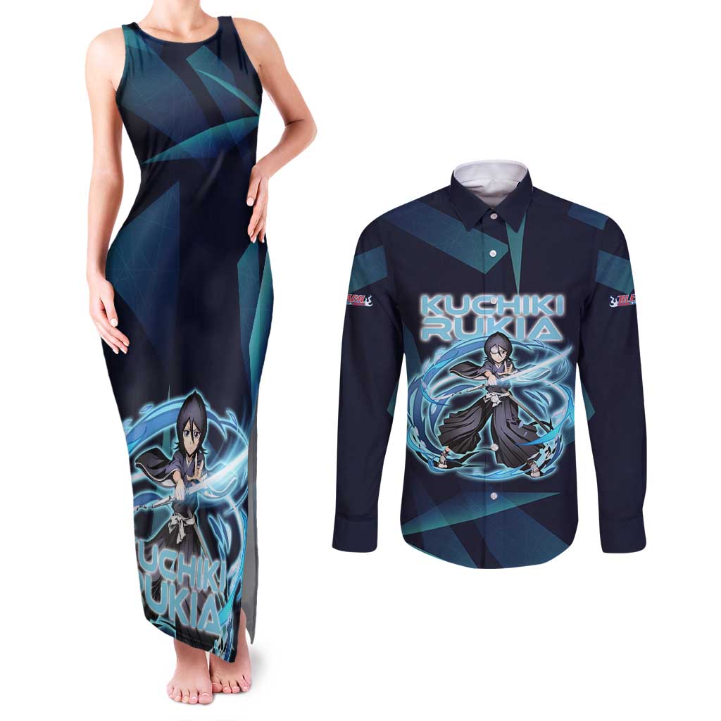 Kuchiki Rukia Bleach Couples Matching Tank Maxi Dress and Long Sleeve Button Shirt Frost Aura Anime Energy Style