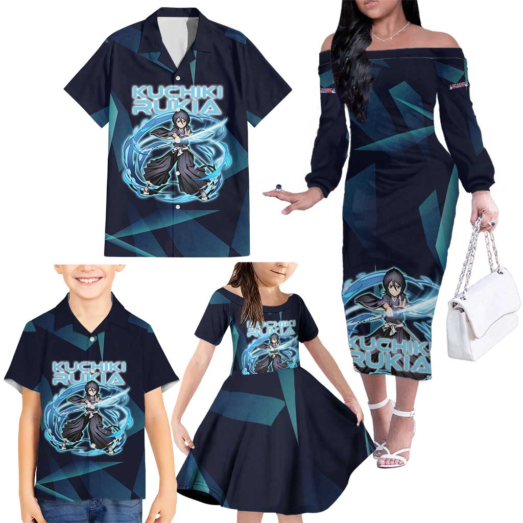 Kuchiki Rukia Bleach Family Matching Off The Shoulder Long Sleeve Dress and Hawaiian Shirt Frost Aura Anime Energy Style