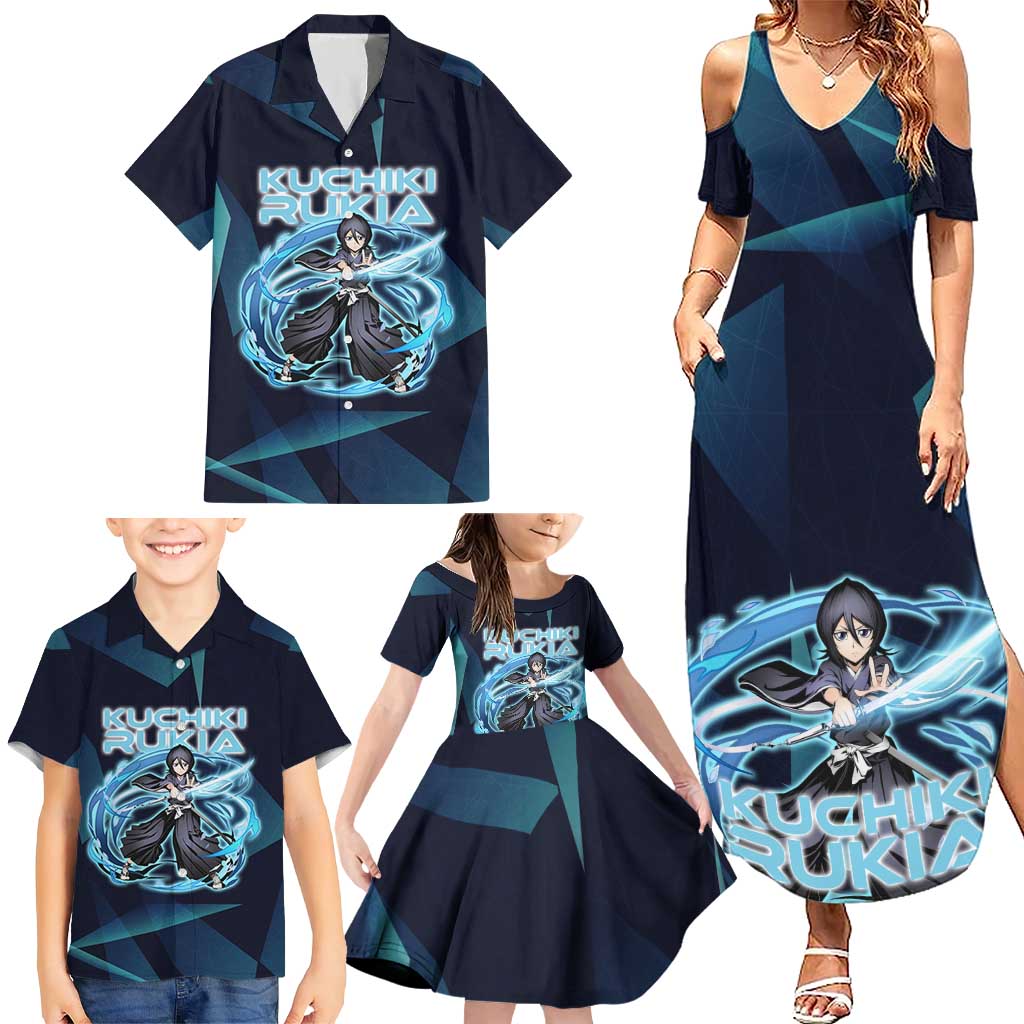 Kuchiki Rukia Bleach Family Matching Summer Maxi Dress and Hawaiian Shirt Frost Aura Anime Energy Style